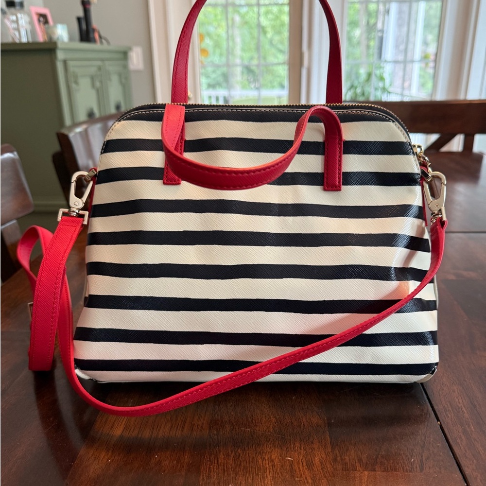 Kate Spade Black and White Striped Satchel with Red Accents - Picture 3 of 8